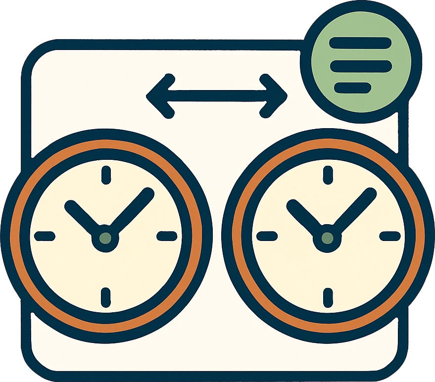 Icon of a clock with arrows symbolizing time conversion between zones